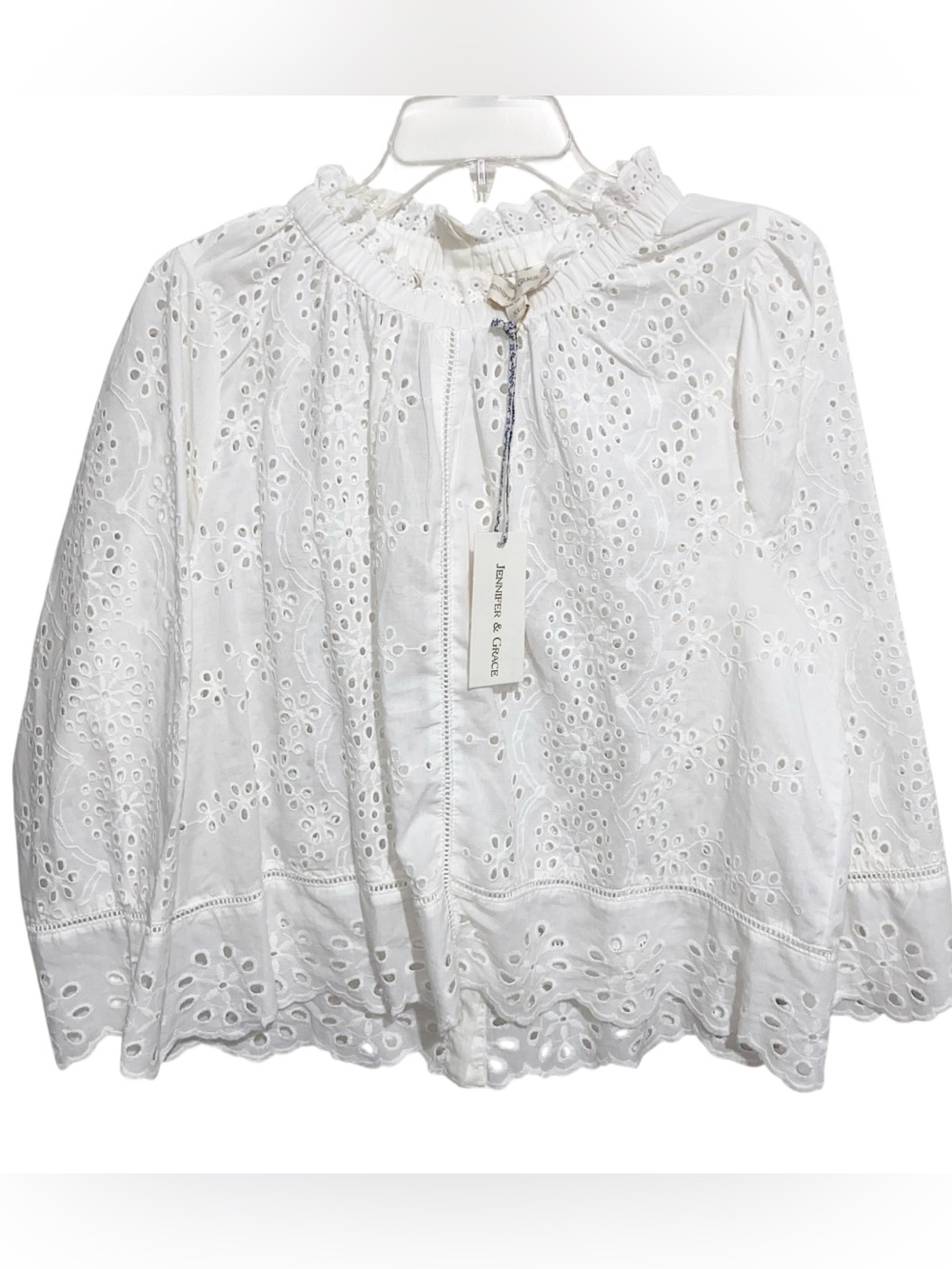 Jennifer & Grace Top Womens XL White Eyelet Lace Blouse Peasant Cottagecore Boho